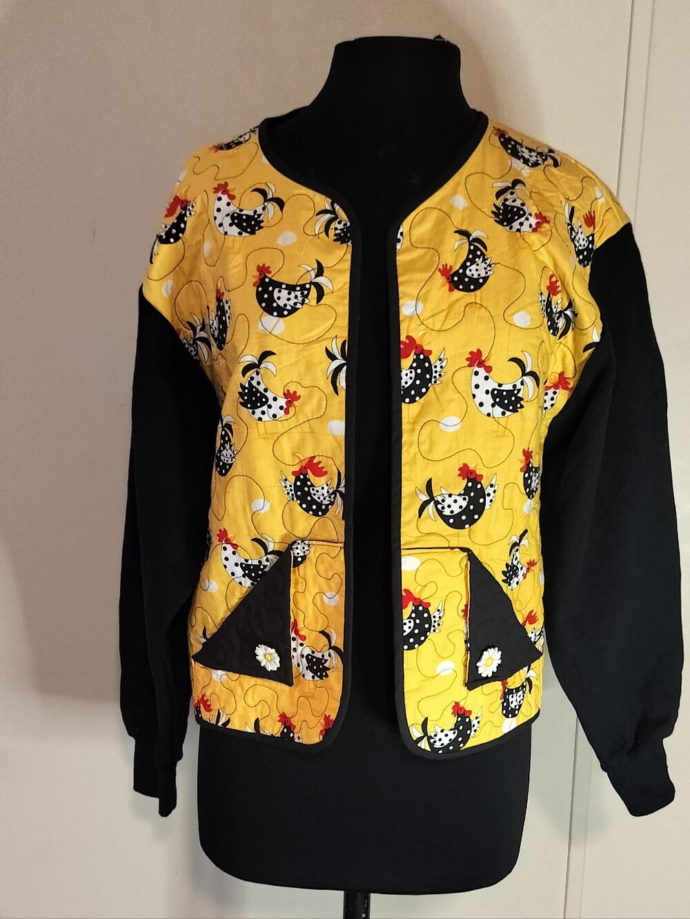 Yellow Chicken Print Quilted Jacket with Black Sleeves